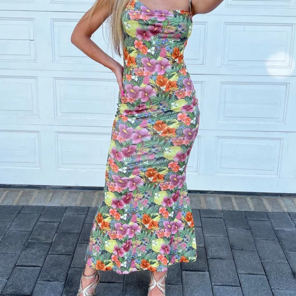 NWOT Flowers Floral Mermaid Maxi Long Strapless Summer Dress (Size Large)